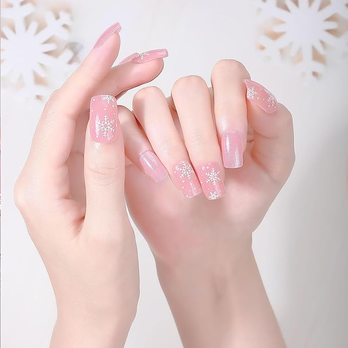 Christmas Semi Cured Gel Nail Strips, 16 Pcs Winter Xmas Gel Nail Stickers Snowflake Designs Pink Glitter Wraps for UV/Led Manicure Lamp Nails Art Decorations