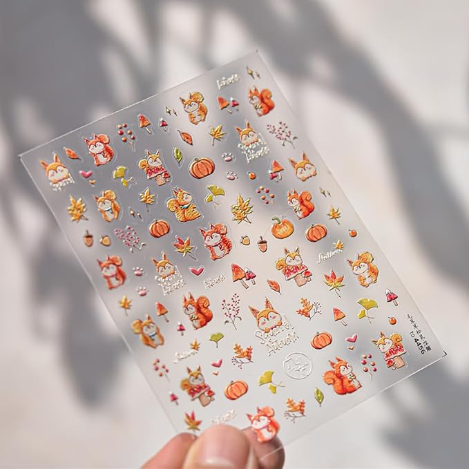 Maple Leaf Nail Stickers Fall Fox Nail Art Decals 5D Embossed Self Adhesive Autumn Leaf Pumpkin Mushroom Nuts Nails Decals for Nail Art Thanksgiving Day Nail Design for Women DIY Manicure Accessories