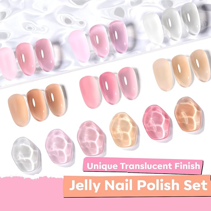 modelones Jelly Nail Polish, Summer 6 Colors Sheer Nude Pink Milky White Neutral Nude Nail polish Set Long Lasting Quick Dry Transparent Manicure DIY Nail Art Salon Home Gift for Women Girl