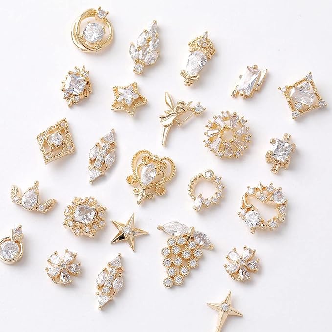 Gold Nail Art Charms Nail Art Metal Luxury White Zircon Rhinestones for Nails Shiny Nail Art Crystal Gems Jewelry Nail Diamond Rhinestone Charms for Girls Woman DIY Nail Art Decoration(22pieces)