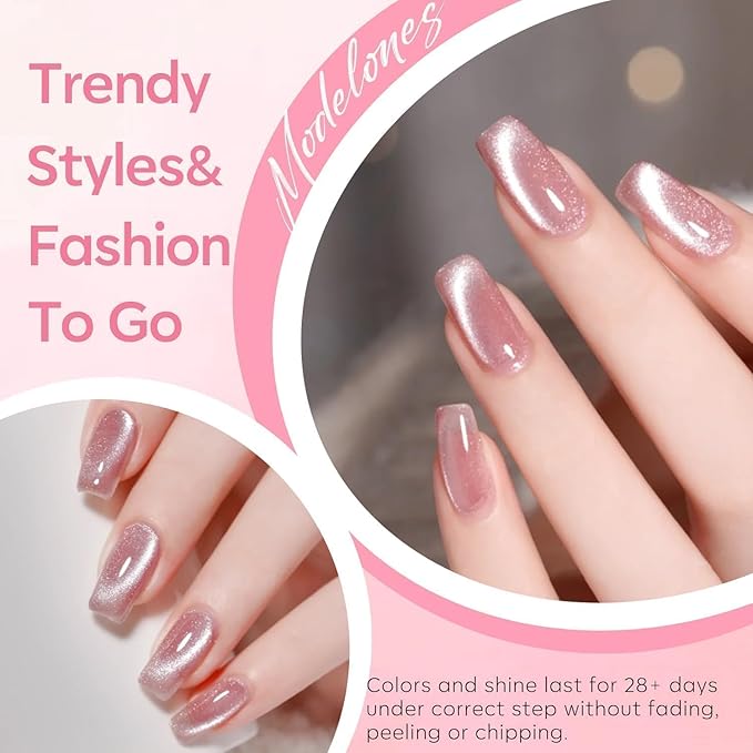 modelones Cat Eye Gel Nail Polish, Pink Glassy 9D Cateye with Magnet Shimmer Soak Off Reflective Translucent Gel Magnetic Top Coat Nail Polish for Women Girl 15 ML