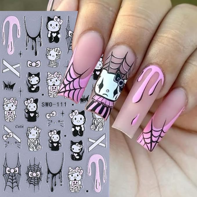 4 Sheets Halloween Nail Art Stickers Decals 3D Self-Adhesive Scary Bat Spider Web Skull Nail Stickers Gothic Black Cat Nail Decals for Women DIY Manicure Halloween Party Nail Decoration