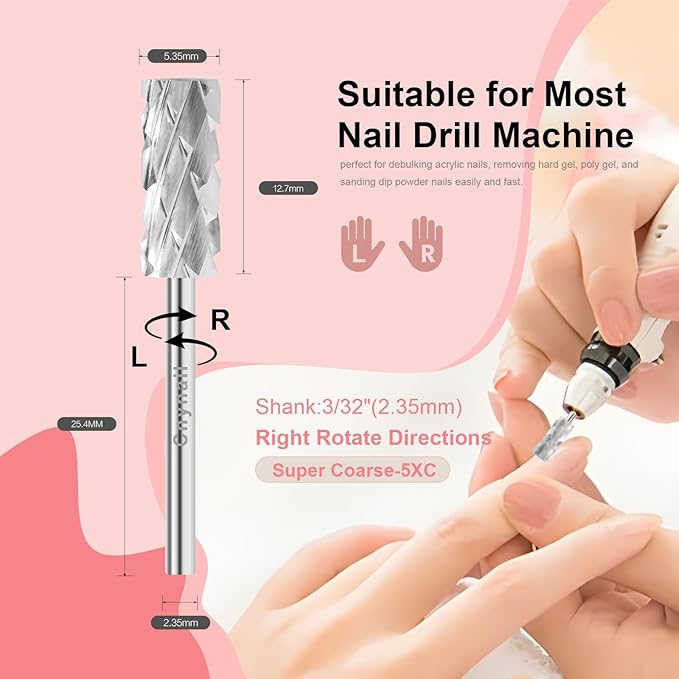 3/32" 5.35MM Small Barrel Flat Top Bit Tungsten Carbide Nail Drill Bit Safety Bit for Gel & Acrylic Removal, Right Way Rotating Efile Tip, Salon Electric File Accessory (5XC Grit, Silver)