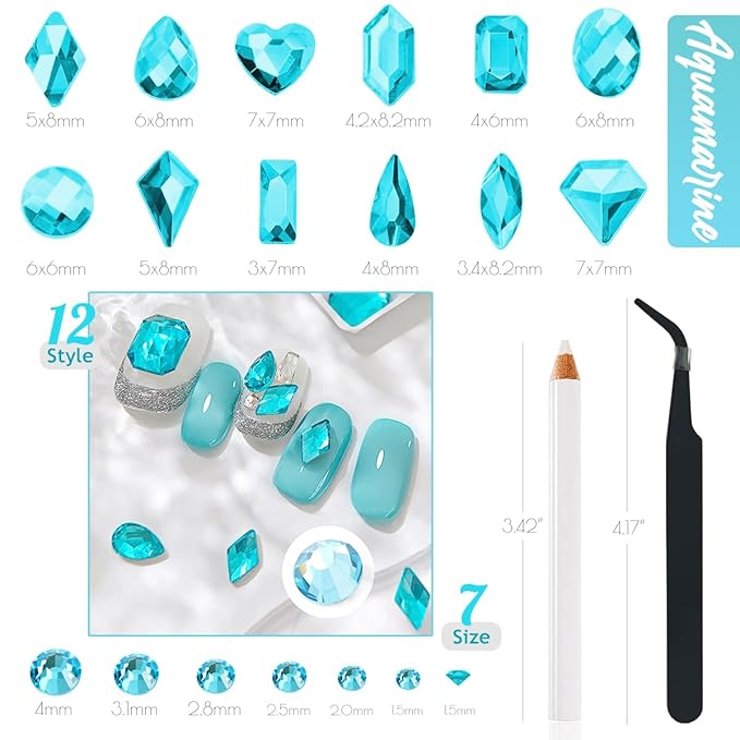 4080Pcs Aquamarine Nail Rhinestones Water Blue Stones for Nails Nail Charms K9 Glass Flatback Gems Lake Blue Round Diamonds jewels Crystals Charms Supplies for Nails Faces Eyes Makeup Crafts