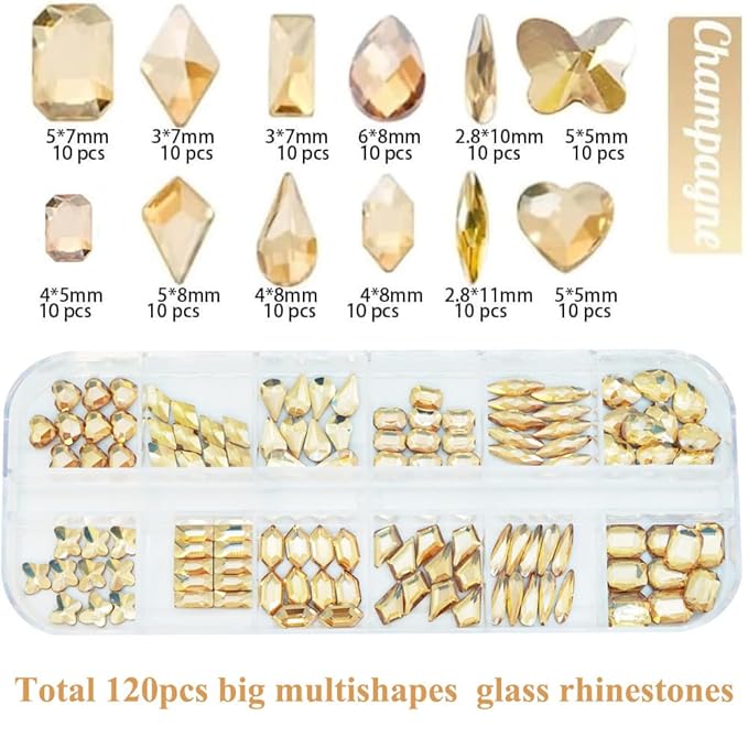 3600Pcs Champagne Gold Nail Rhinestones, MultiShapes Flatback Crystal Gems Stones, 1.5-4mm Half-Round Bedazzling Beads, Glass Diamond Jewels for DIY Nails Bling Decoration