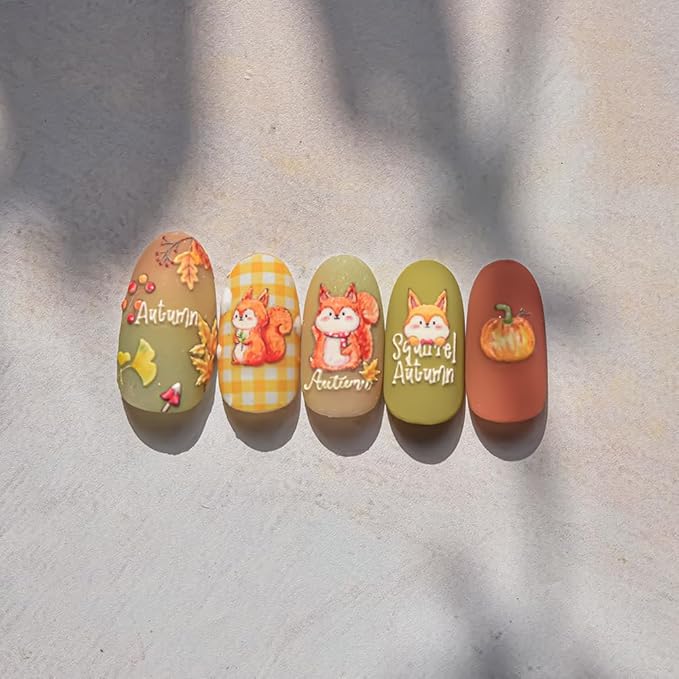Maple Leaf Nail Stickers Fall Fox Nail Art Decals 5D Embossed Self Adhesive Autumn Leaf Pumpkin Mushroom Nuts Nails Decals for Nail Art Thanksgiving Day Nail Design for Women DIY Manicure Accessories