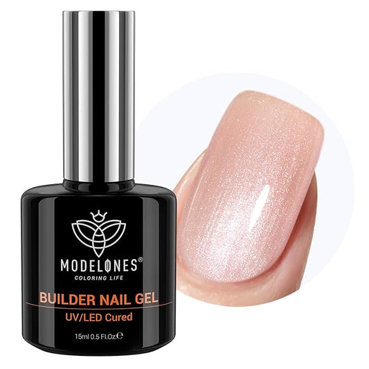modelones Builder Nail Gel, 8-in-One Gold Shimmer Builder, Champagne Sparkle Glitter Rubber Color Base Gel Polish LED Lamp Cured, Apex Building Strengthener Extension for Home DIY Salon Girls