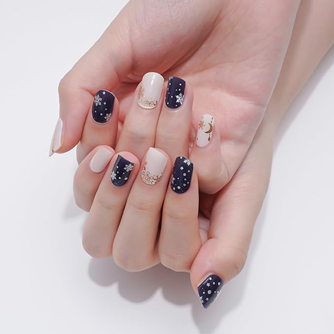 20pcs Semi Cured Gel Nail Strips, Real Nail Polish Art Stickers, Christmas Blue Snowflake Gel Nail Stickers - Work with Any UV Lamp, Long Lasting Full Wraps with Nails File and Stick