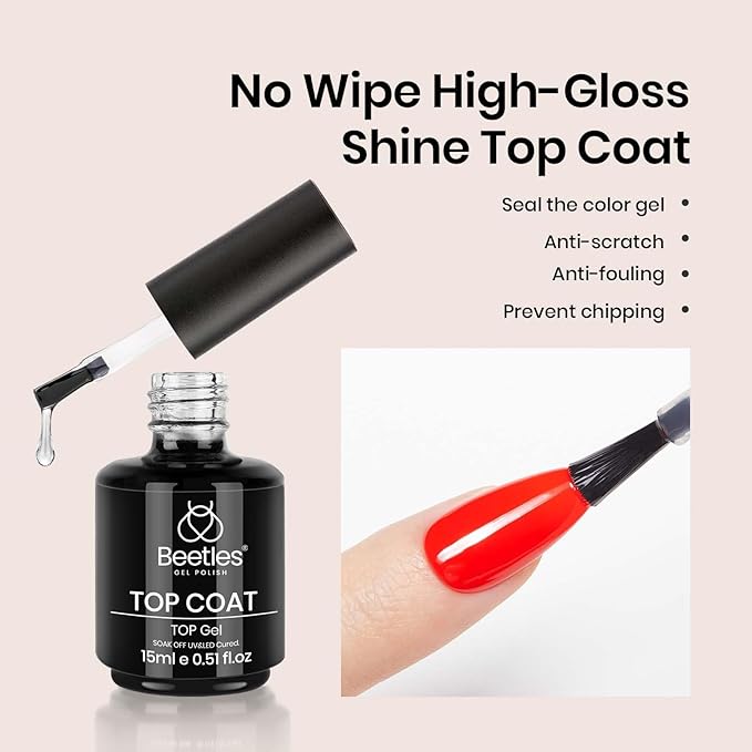 beetles Gel Polish No Wipe Gel Top Coat - Clear Color Top Coat Gel Nail Polish Shine Finish and Long Lasting, Soak Off Nail Lamp, 15ml Christmas Nails Gifts for Girls