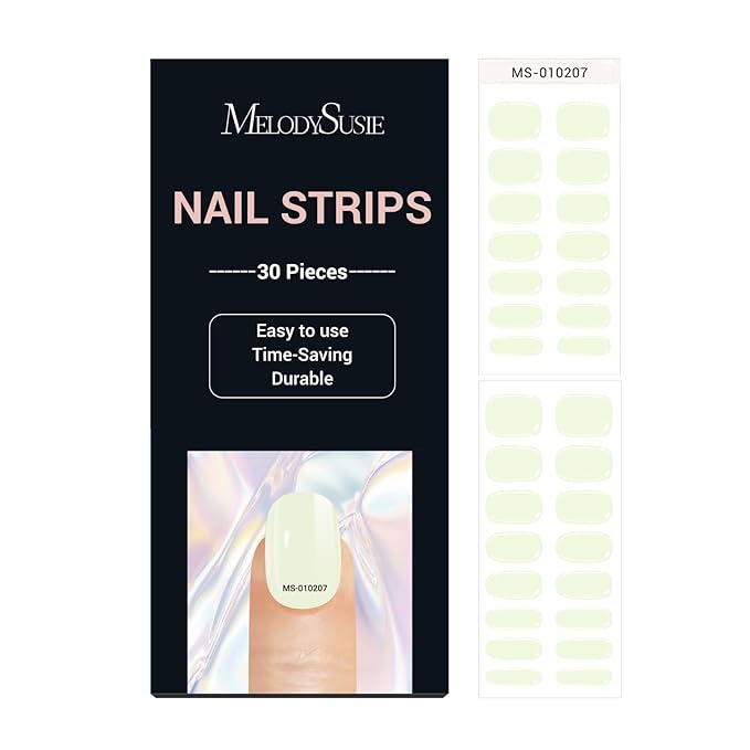 MelodySusie 30PCS Semi Cured Gel Nail Strips (Creamy Green), Works with Nail lamp, Salon Quality, Long Lasting, Easy to Apply and Remove, Includes 2 Prep Pads, Nail File and Wooden Stick