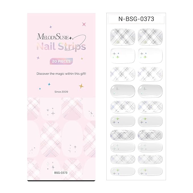 MelodySusie Semi Cured Gel Strips (White Argyle), 20 PCS Nail Stickers, Argyle Gel Nail Wraps, UV Light Required, Durable and Salon Quality