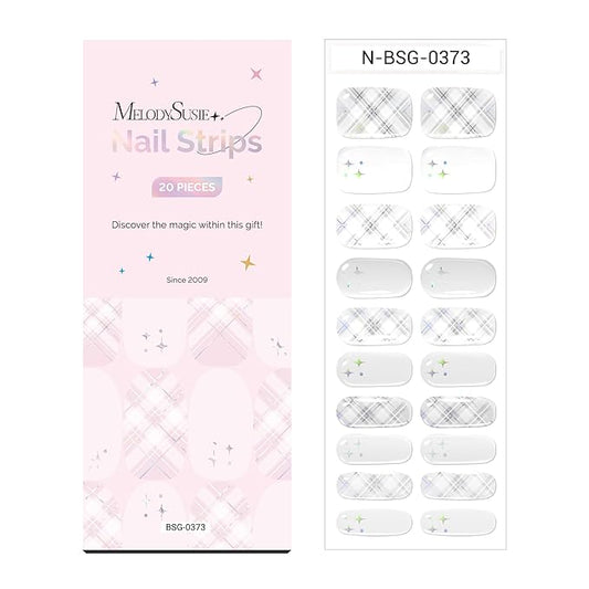 MelodySusie Semi Cured Gel Strips (White Argyle), 20 PCS Nail Stickers, Argyle Gel Nail Wraps, UV Light Required, Durable and Salon Quality
