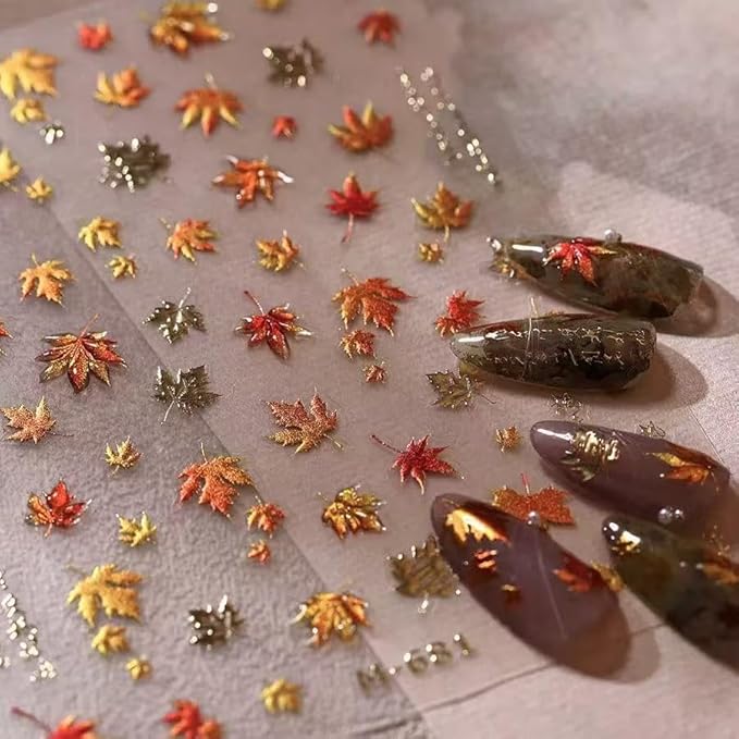 2 Sheets Fall Nail Stickers Maple 5D Embossed Leaves for Thanksgiving Day Nail Art Self-Adhesive Autumn Nails Decoration Glitter Gold Maple Leaf Nail Decals DIY for Women