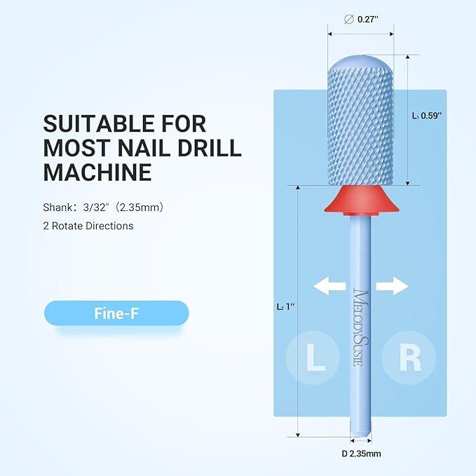 MelodySusie Safety Nail Drill Bits, 3/32'' Smooth Round Top Large Barrel Carbide Bits, Suitable for Manicure Pedicure Cuticle Gel Polishing, Beginners Bits, Light Blue, Series Bit-S, F