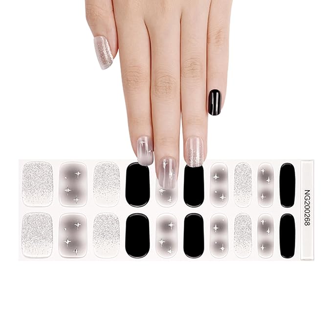 20pcs Semi Cured Gel Nail Strips, Real Nail Polish Art Stickers, Dark Star Gel Nail Stickers - Work with Any UV Lamp, Long Lasting Full Wraps with Nails File and Stick