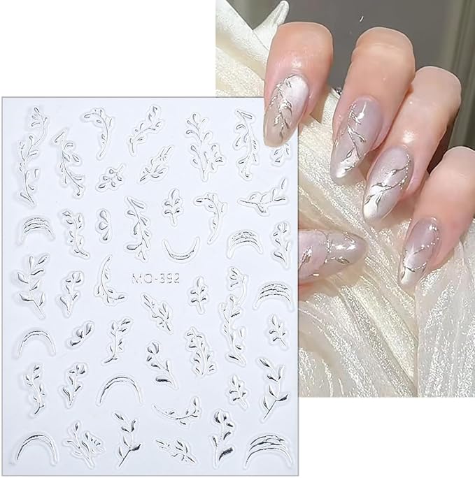Fall Leaf Nail Decals 2 Sheets Embossed Leaves Stickers Gold Silver Leaf Nail Art Supplies Thanksgiving Decoration for Women Girls