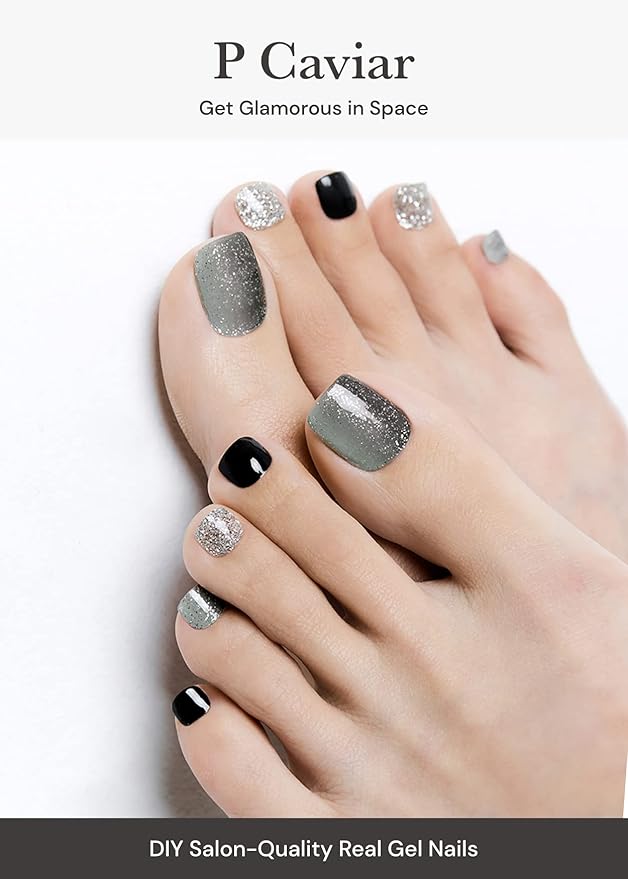 ohora Semi Cured Gel Pedi Strips (P Caviar) - Works with Any Nail Lamps, Salon-Quality, Long Lasting, Easy to Apply & Remove - Includes 2 Prep Pads, Nail File & Wooden Stick - Glitter Nails