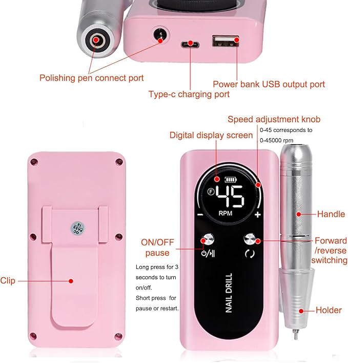 Electric 45000RPM Nail Drill Machine Rechargeable Portable Nail File Electric DIY Nail Drill Kit with Smart LCD Screen for Gel Nail Manicure and Pedicure Reflective Body etc(Pink)