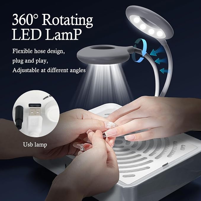 Nail Dust Collector with Lamp Powerful Nail Vacuum Fan, White Dust Collector Extractor, Electric Dust Suction Machine for Acrylic Gel Nails Polishing Low Noise