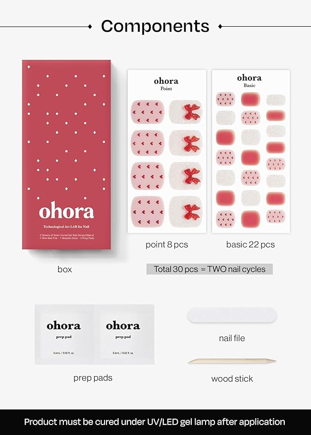 ohora Semi Cured Gel Pedi Strips (P Petit Ruban) - Works with Any Nail Lamps, Salon-Quality, Long Lasting, Easy to Apply & Remove - Includes 2 Prep Pads, Nail File & Wooden Stick