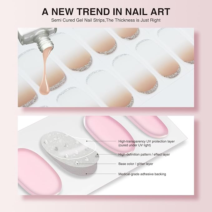 Semi Cured Gel Nail Strips, 20 PCS Gel Nail Stickers Work with UV Light, Salon Quality & Easy to Use - Shiny Nude