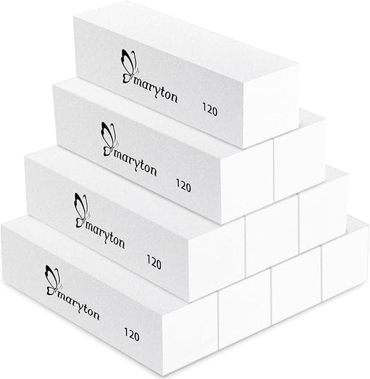 Maryton Nail Buffer Blocks, Medium 120 Grit Buffing Blocks Buffers for Acrylic Nails Gel Polish Nails, 4 Way Professional Pedicure Manicure Buffer Kits, 10 Count (White)