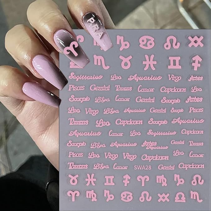 6Pcs Constellation Nail Art Stickers 3D English Letters Nail Stickers for Nail Art Decoration Self-Adhesive 12 Constellations English Nail Design Supplies Gold Silver Pink French Nail Decals for Women
