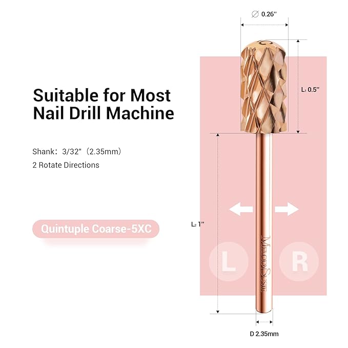 MelodySusie Safety Nail Drill Bits, 3/32'' Smooth Round Top Large Barrel Carbide Bits, Suitable for Manicure Pedicure Cuticle Gel Polishing, Beginners Bits, Rose Gold, Series Bit-S, Quintuple Coarse