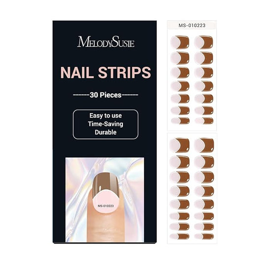 MelodySusie 30PCS Semi Cured Gel Nail Strips (Brown French Tips), Works with Nail lamp, Salon Quality, Long Lasting, Easy to Apply and Remove, Includes 2 Prep Pads, Nail File and Wooden Stick