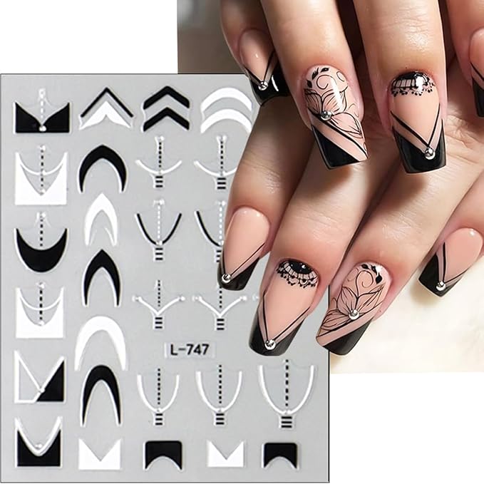 6Pcs French Tip Nail Stickers 3D Self Adhesive Black White French Nail Decals French Butterfly Flower Line Nail Design Stickers Irregular Geometry Pattern Curve Lines Tip Nail Decoration for Women