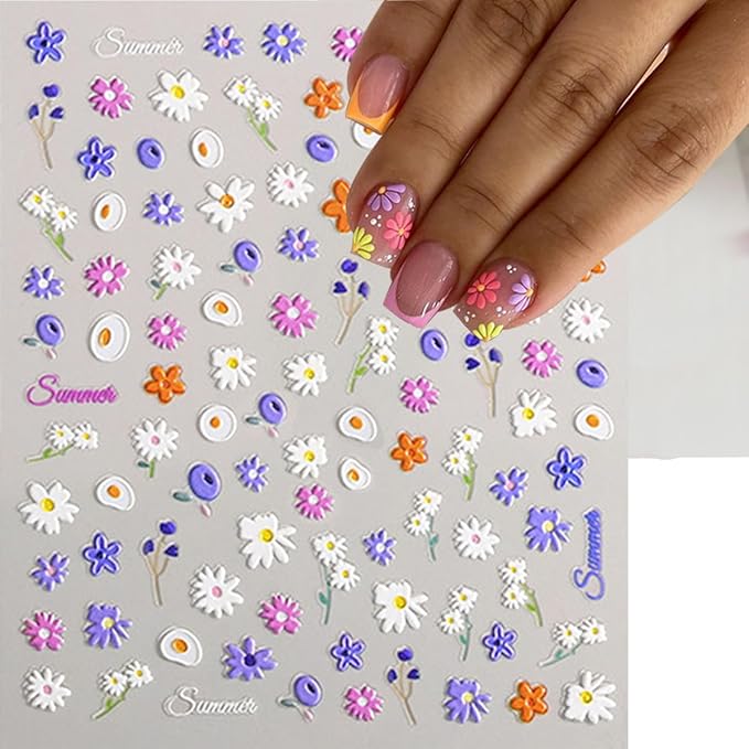 6 Sheets Flower Nail Art Stickers Colour Daisy Nail Decals 5D Embossed Pink White Floral Nail Design Stickers Spring Nail Decor Self-Adhesive Design Flower Acrylic Nail Art Supplies for Women