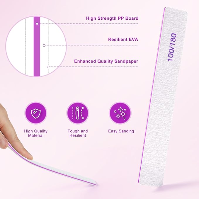 Nail Files (18 Pack), 100/180 Grit Double Sided Emery Boards for Natural & Acrylic Nails, Reusable Manicure for Women & Men, Professional Fingernail Filer & Lima de Uñas for Salon & Home Use