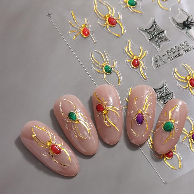 2 Sheets Halloween Nail Sticker for Nail Art 5D Embossed Spider Web Nail Art Stickers Rhinestone Spider Ghost Golden Edge Design Stickers Gothic Nail Decal Nail Art Supplies for Women Acrylic