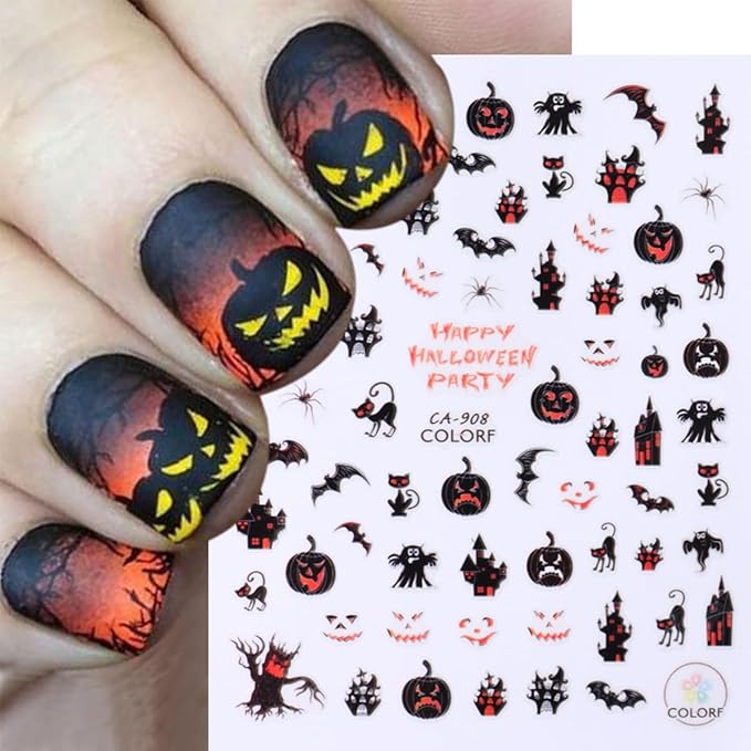 Halloween Nail Stickers for Nail Art 3D Cute Pumpkin Skull Ghost Nail Decals Spooky Design Witch Black Cat Gothic Nail Art Stickers Spider Web Halloween Nail Charms for Nail Decoration Supplies 8Pcs