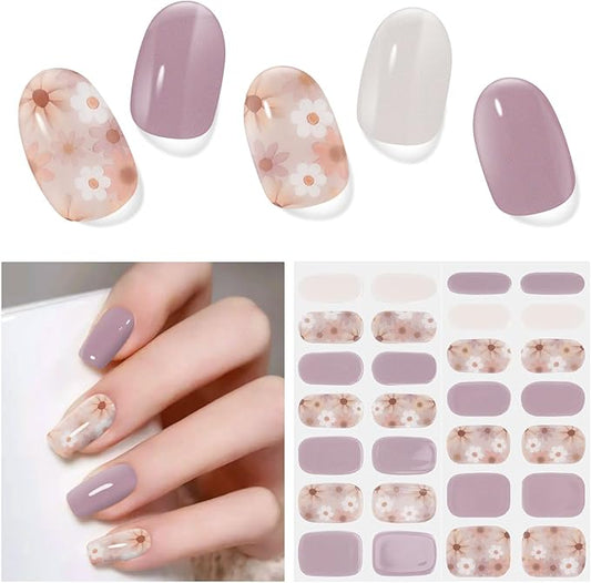 28pcs Semi Cured Gel Nail Strips, Long Lasting UV Gel Nail Stickers for Women Kit, Nails Wraps for Home DIY (Purple Flower)