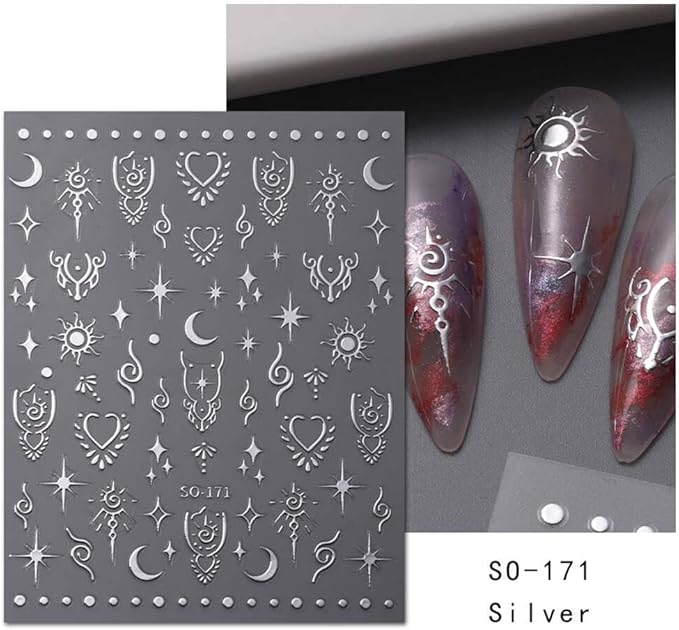 12 Sheets Metallic Nail Stickers Sun Star Nail Art Stickers 3D Self-Adhesive Shiny Laser Gold Silver Moon Rose Nail Decals Holographic Laser Glitter Nail Sticker for Women Nails Manicure Decorations