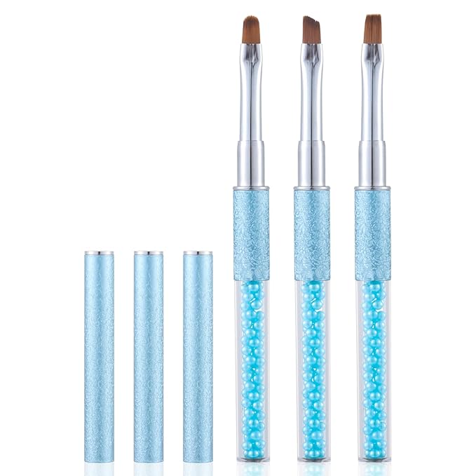 Pearl Blue Nail Art Clean Up Brushes for Cleaning Polish Mistakes on the Cuticles, Acetone Resistant Nail Brush, Fingernail Cleaning Brushes for Nail Art and Designs (Round&flat&Bevel)