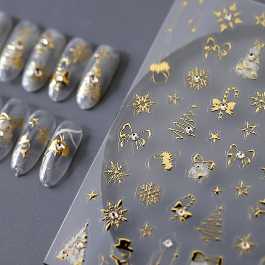 Christmas Nail Art Stickers - 5D Embossed Gold, Xmas Tree, Reindeer, Bow Star Design, Self-Adhesive Rhinestone Nail Supplies for Winter Holiday