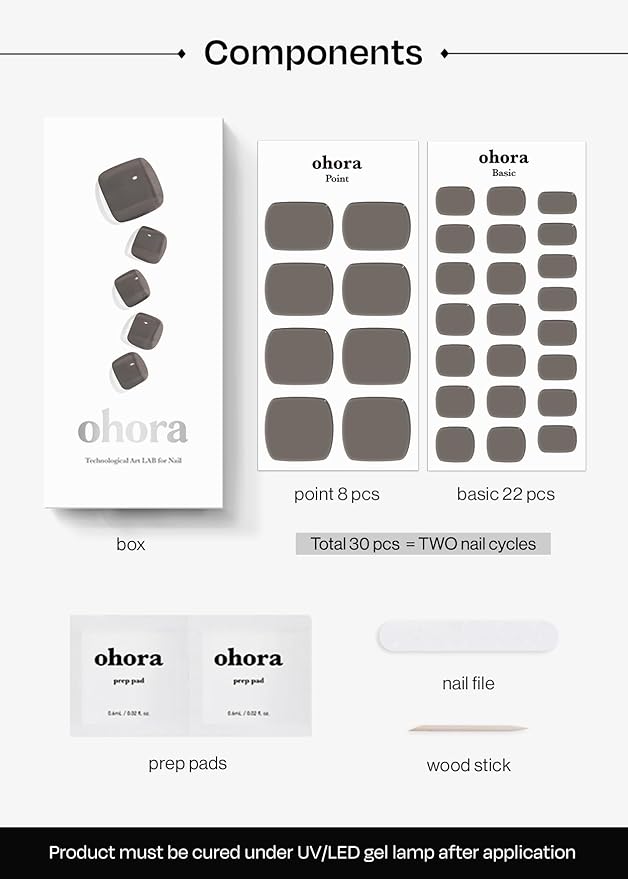 ohora Semi-Cured Gel Pedi Strips 34pcs(P Tint Black) - Includes 16 Solid Color, 14 Accent Wraps, 2 Prep Pads, Nail File & Wooden Stick