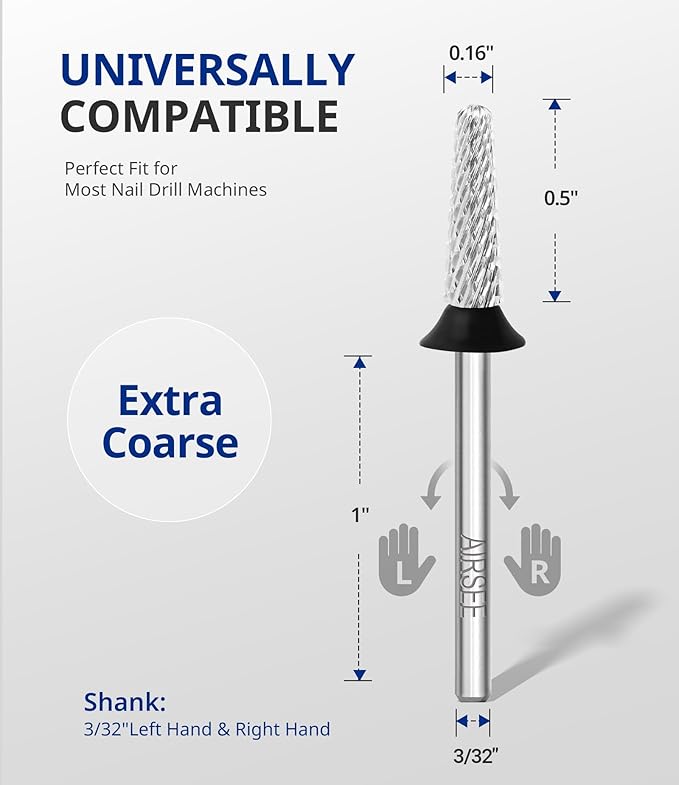 AIRSEE Tungsten Carbide Acrylic Nail Drill Bit Efile Electric File Machine Head Tip for Manicure Polishing Art Remove Gel 3/32" 2 Way Safety Use Ball Top Tapered Bit Cone Shape Extra Coarse-XC