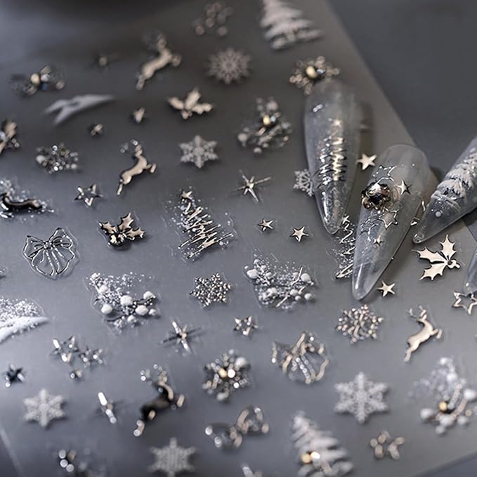 Christmas 5D Embossed Nail Art Stickers - Silver Xmas Decals With Christmas Tree, Snowflake, Elk Designs - Self Adhesive Winter Nail Supplies and Decorations for Women