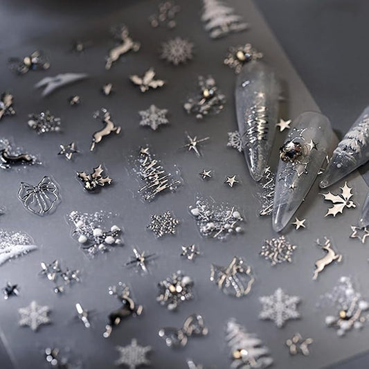 Christmas 5D Embossed Nail Art Stickers - Silver Xmas Decals With Christmas Tree, Snowflake, Elk Designs - Self Adhesive Winter Nail Supplies and Decorations for Women