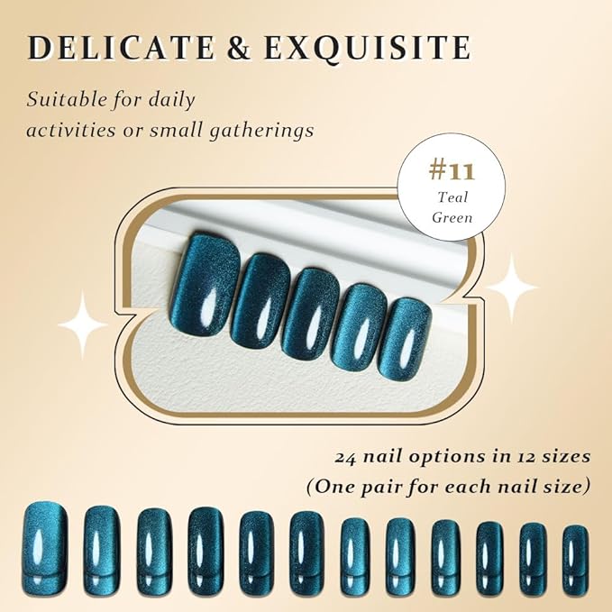 Teal Green Cat Eye Press on Nails Medium Square, Medium Square Press Glue on Nails Chrome for Women Gift, Green Holographic Glitter Glossy Reusable Soft Gel Acrylic Fake Nail with Design Cateye Effect
