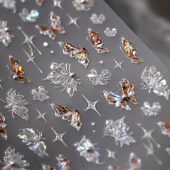 Butterfly Nail Stickers for Nail Art 5D Embossed Pearl Rhinestone Butterfly Nail Art Decals Laser Butterfly Flower Starlight Nail Designs Self Adhesive Nail Art Supplies for Women Nail Art Decoration