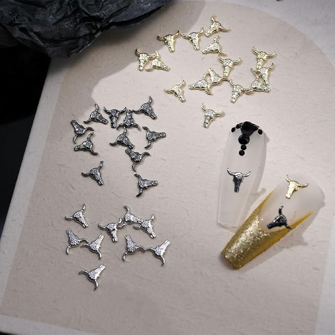 50PCS Bull Head Nail Charms, 3D Retro Alloy Nail Accessories Gold Silver Animal Designs Manicure Decorations for DIY Craft Making