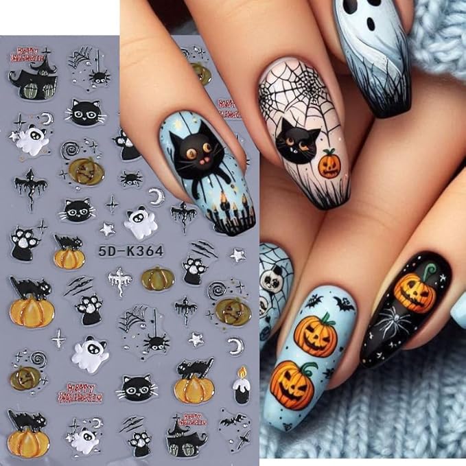 2 Sheets Halloween Nail Stickers for Nail Art, 5D Embossed Self-Adhesive Pumkin Cat Spider Web Nail Decals, Ghost Nail Supplies Nail Art Design Accessories for Women and Girls Manicure DIY Decoration