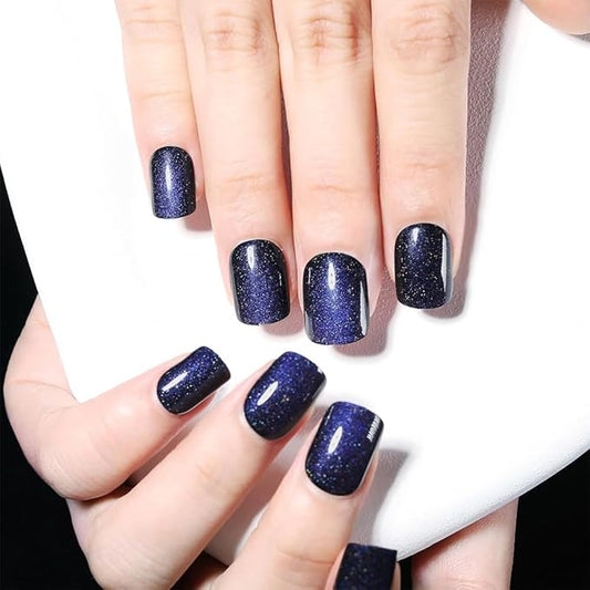 evpct Blue Cat Eye Extra Short Press on Nails Square, Petite Short Square Glue on Nails for Women Gift, Royal Blue Metallic Glitter Glossy Reusable Stick Gel Press on Acrylic Fake Nail with Designs