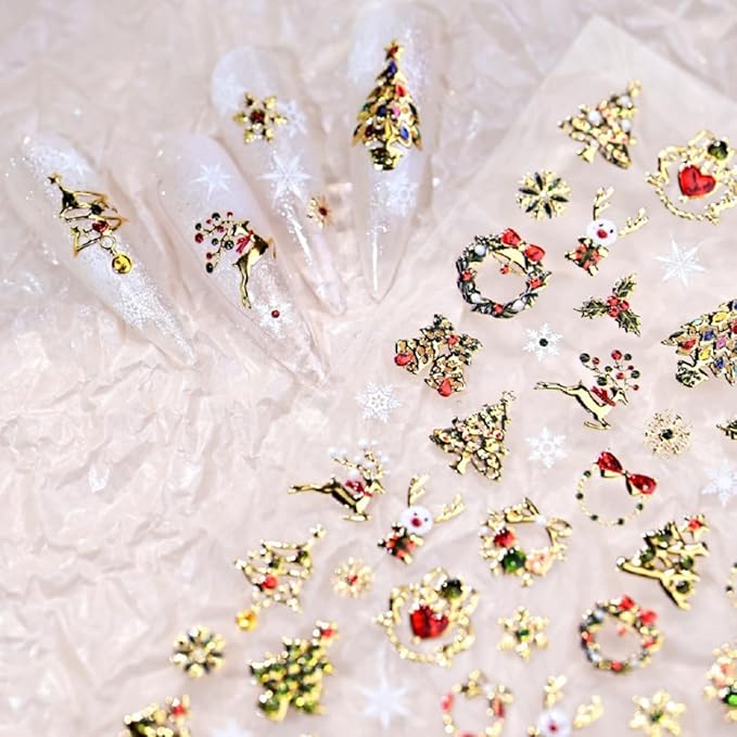 Christmas 5D Embossed Nail Sticker Gold Snowman Reindeer Xmas Tree Nail Designs Self Adhesive Nail Decals Snowflake Nail Art Sticker for Nails Decoration Supplies for Women Girls DIY Manicure