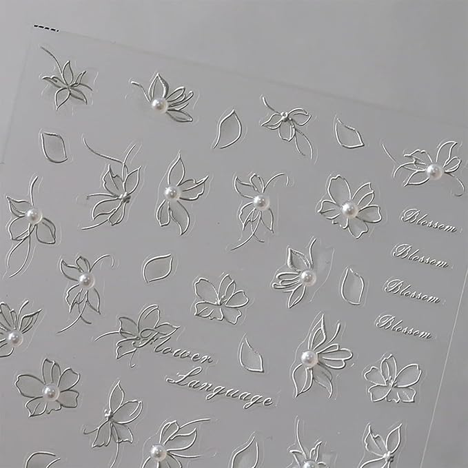 Flower Nail Stickers White Nail Art Stickers Pearl Floral Nail Decals Self-Adhesive 5D Embossed Nail Decals for Women Girls Acrylic Nails Manicure DIY Nail Supplies