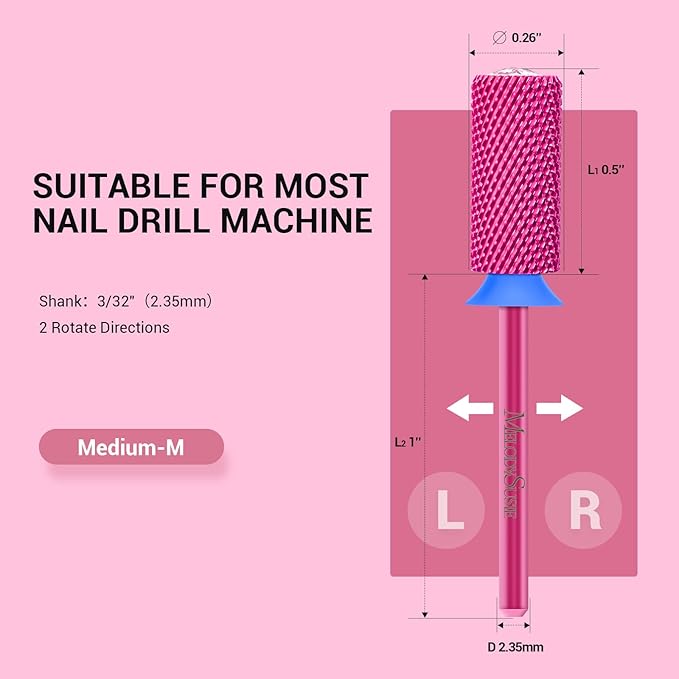 MelodySusie Large Barrel 3/32'' Tungsten Carbide Nail Drill Bit, Crystal Top Pink Heart Shape, Fast Remove Acrylic Gel, Cuticle Gel Polishing for Manicure Pedicure, Pink Blossom, Series Bit-S, Medium